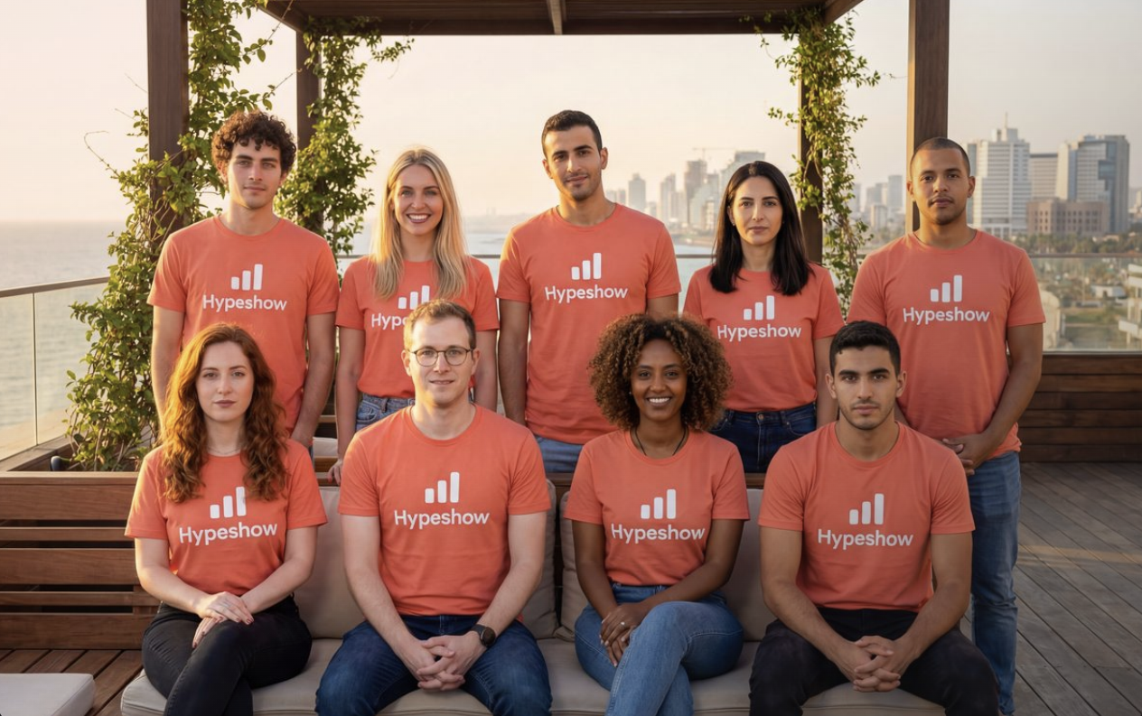 HypeShow AI startup team in matching coral shirts, nine seats you will install